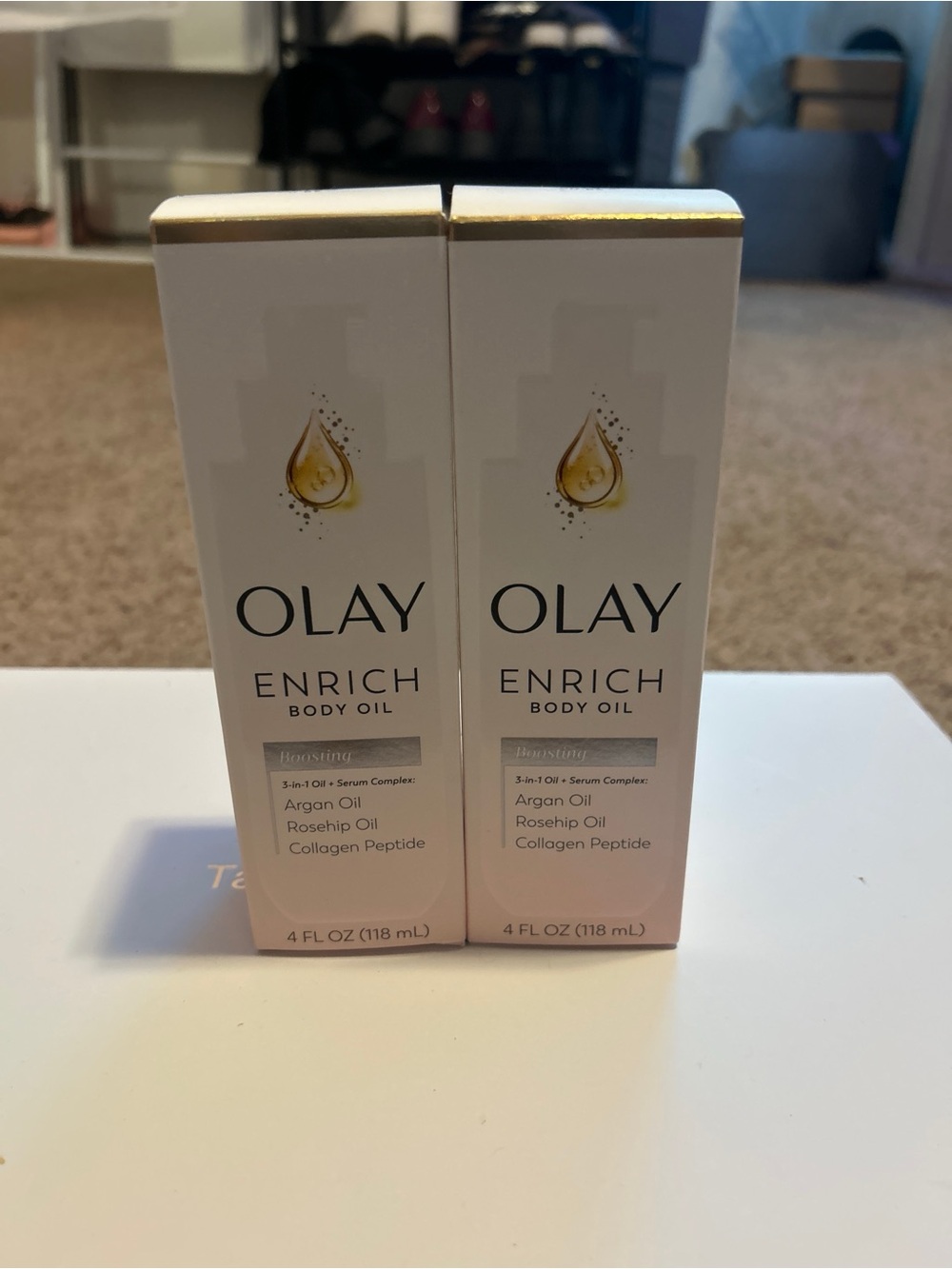 OLAY Enrich Body Oil – White and Gold Accent Packaging